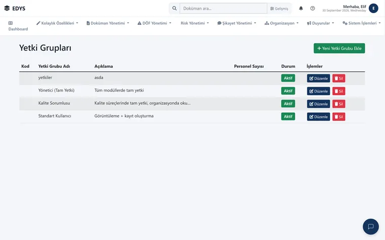 Modül bazlı yetki grupları